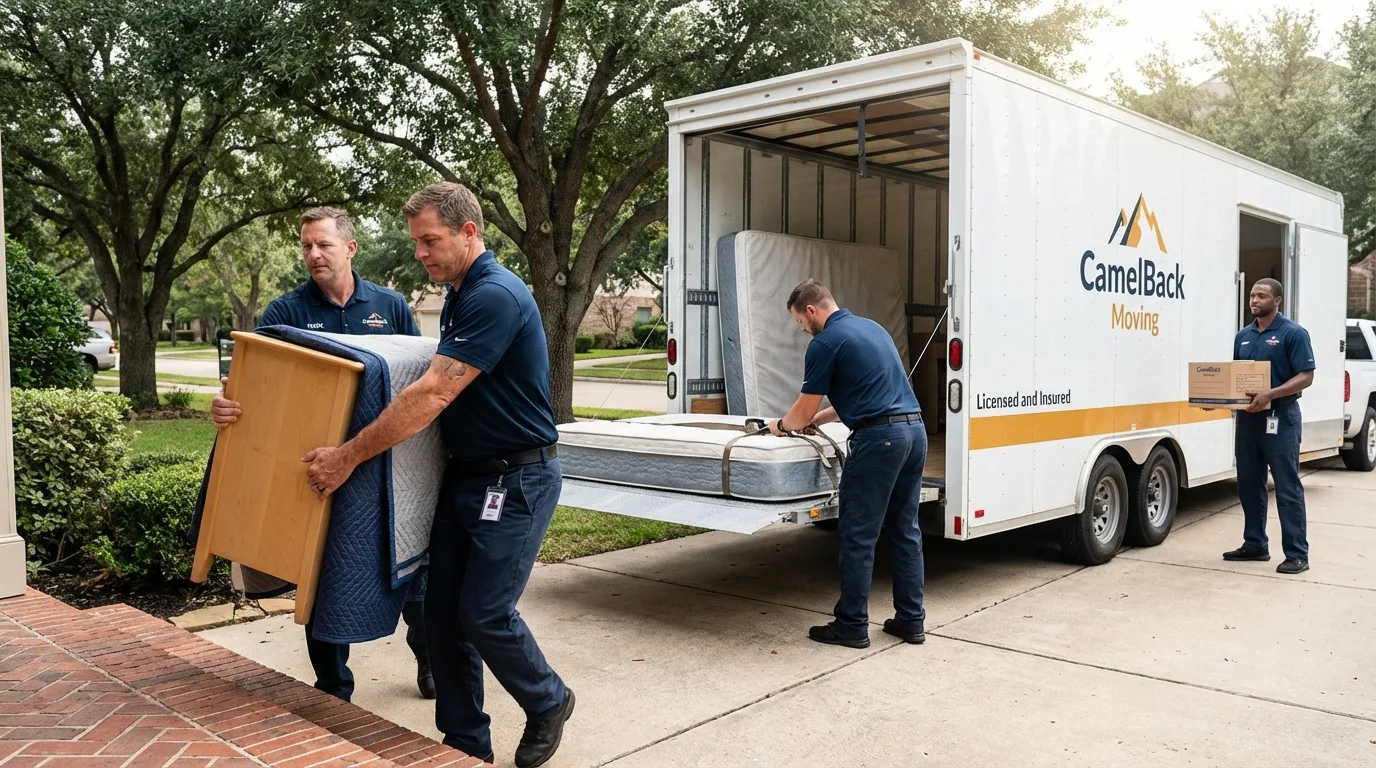 Crew loading residential truck for cross-state move from Thomaston, ME