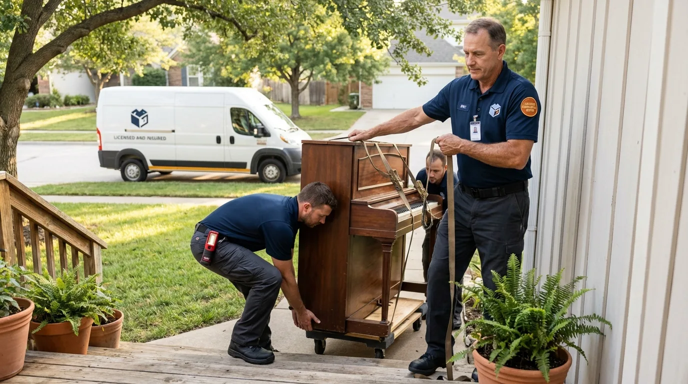 Licensed piano movers securing grand piano in Thomaston, ME