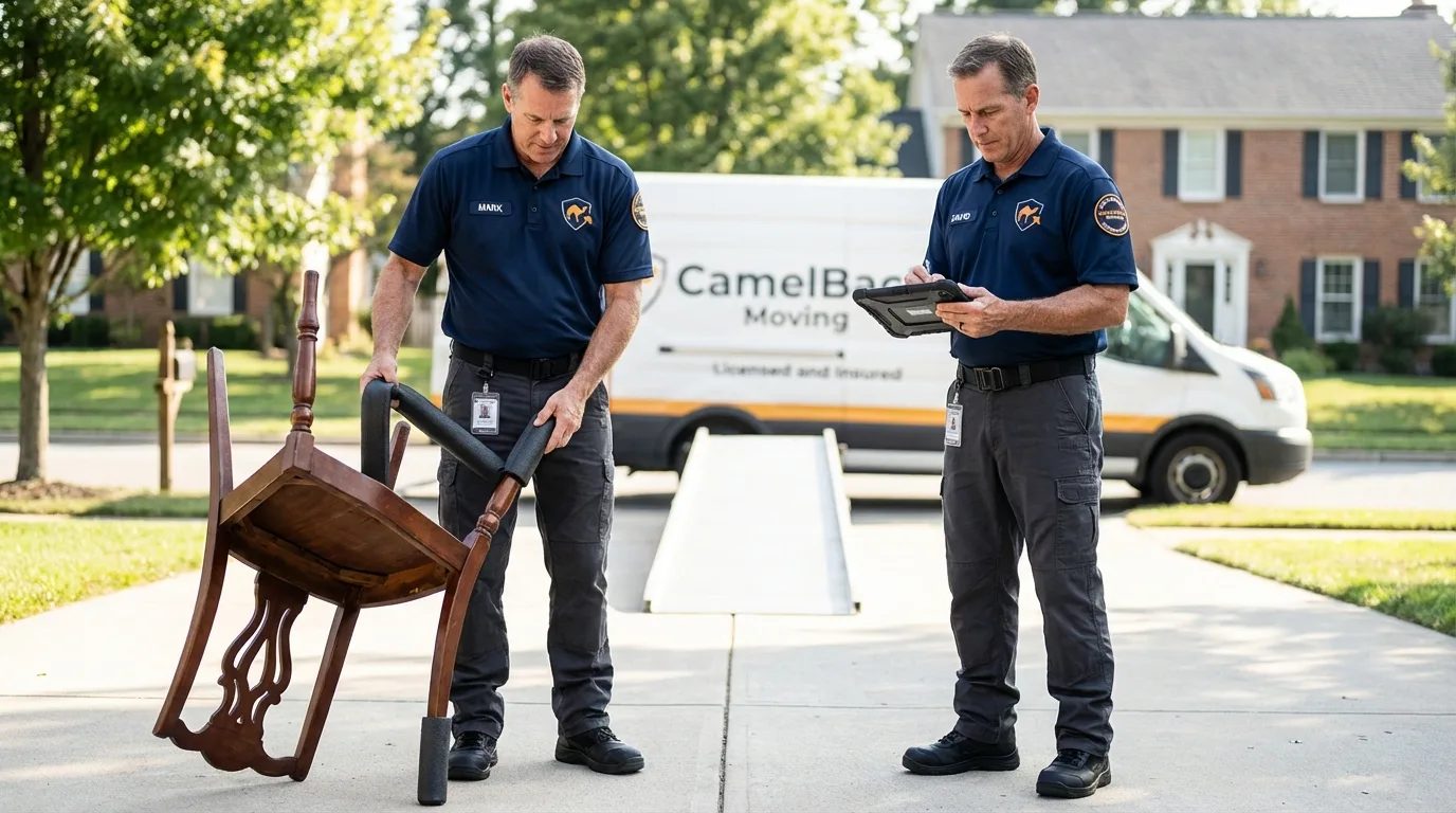 Movers inspecting furniture for damage prevention before loading in Thomaston, ME