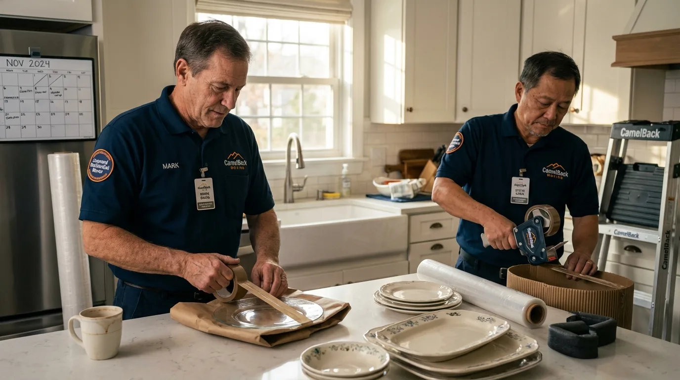 Professional crew packing kitchen dishware in Thomaston, ME